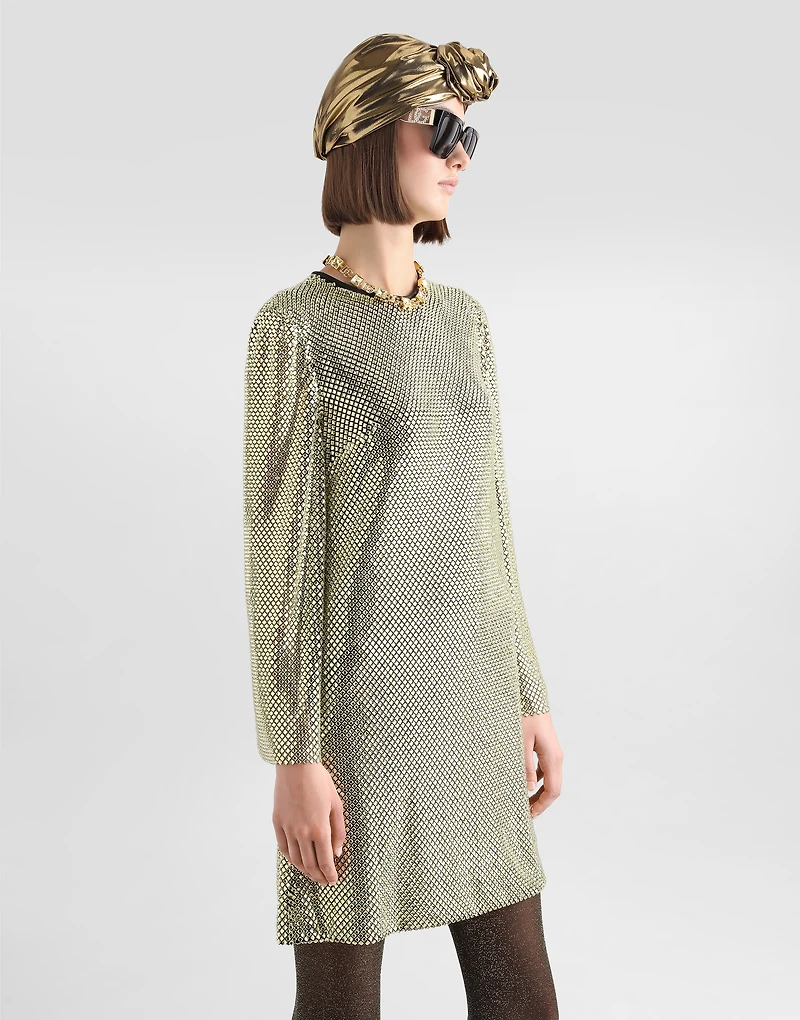 Short long-sleeved dress crystal mesh