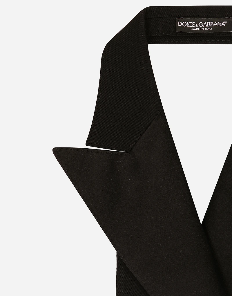 Double-breasted silk satin vest with low neckline on the back