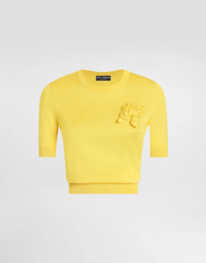 Short-sleeved silk sweater with flower embellishment