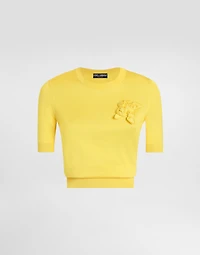 Short-sleeved silk sweater with flower embellishment