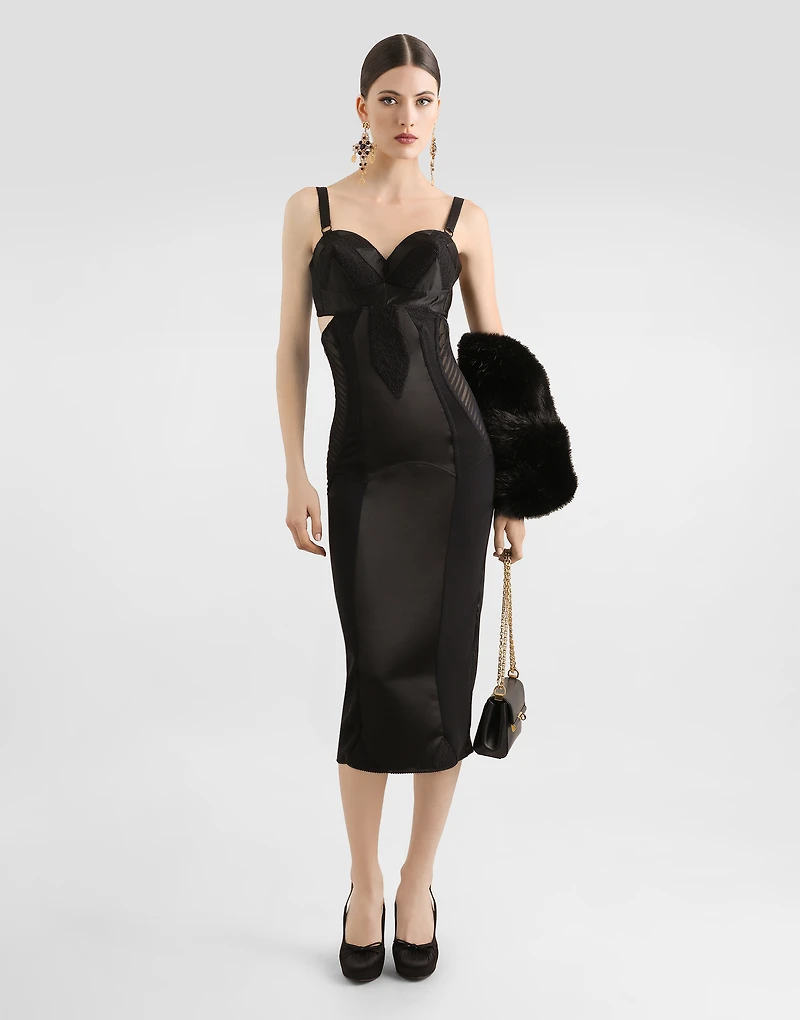 Calf-length satin and lace dress with corset details