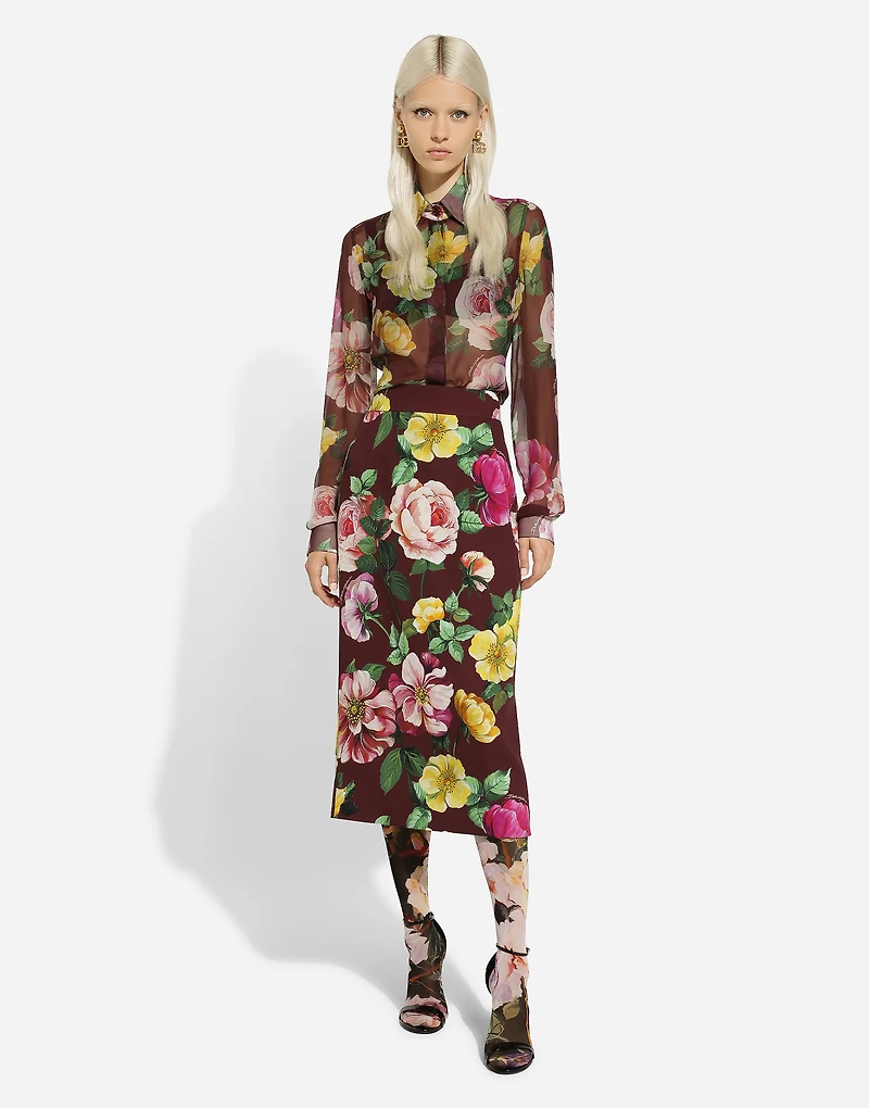 Camellia-print chiffon shirt