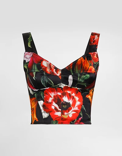 Flower-print satin corset