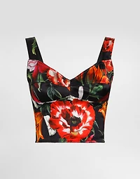 Flower-print satin corset