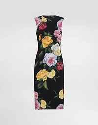 Charmeuse calf-length sheath dress with peony and rose print
