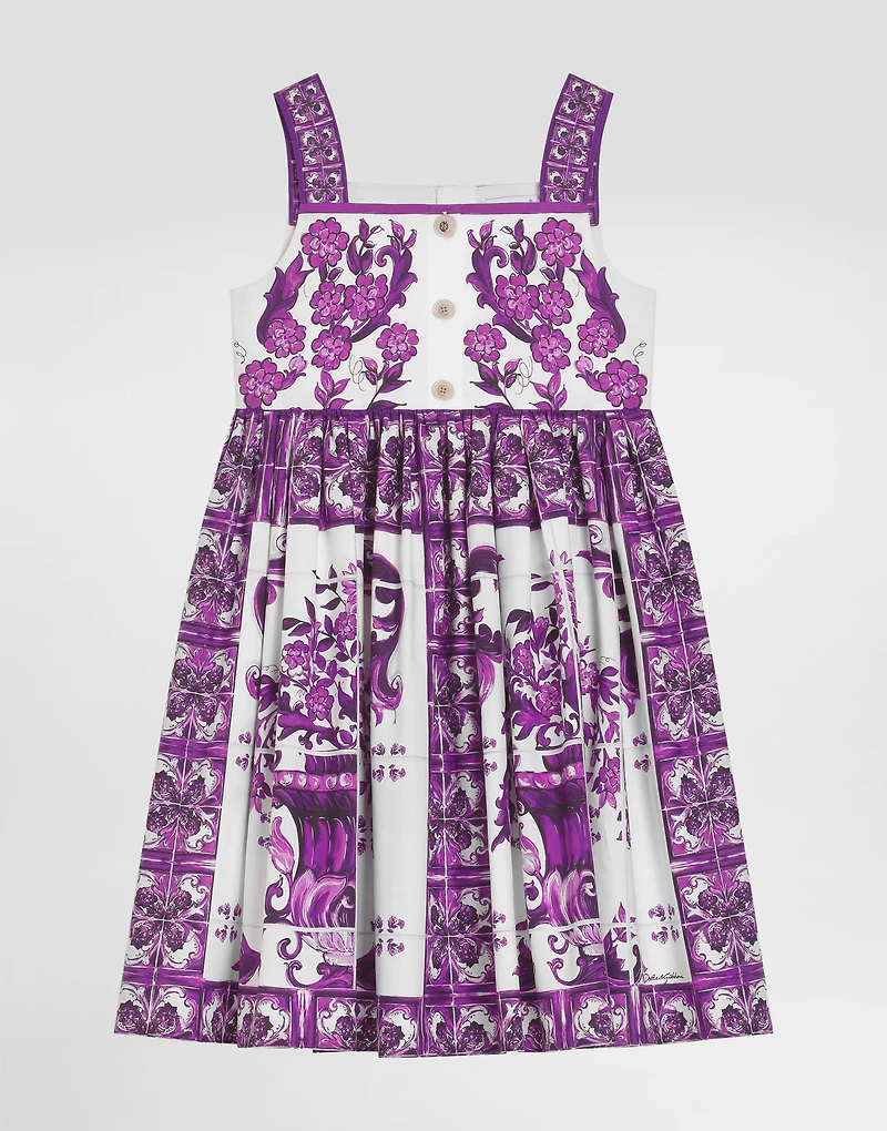 Majolica-print sleeveless popeline dress