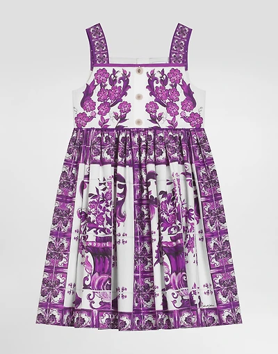 Majolica-print sleeveless popeline dress