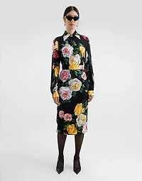 Peony and rose-print charmeuse calf-length skirt