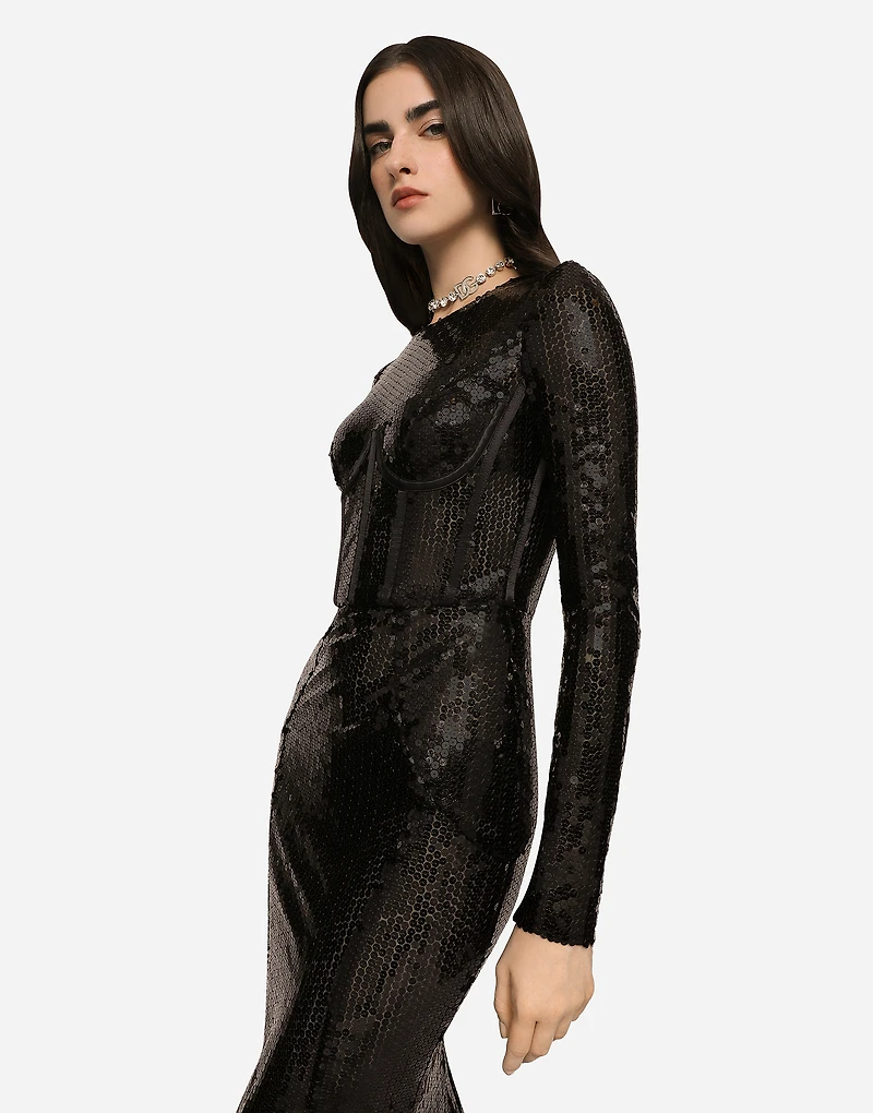 Long sequined dress with corset detailing