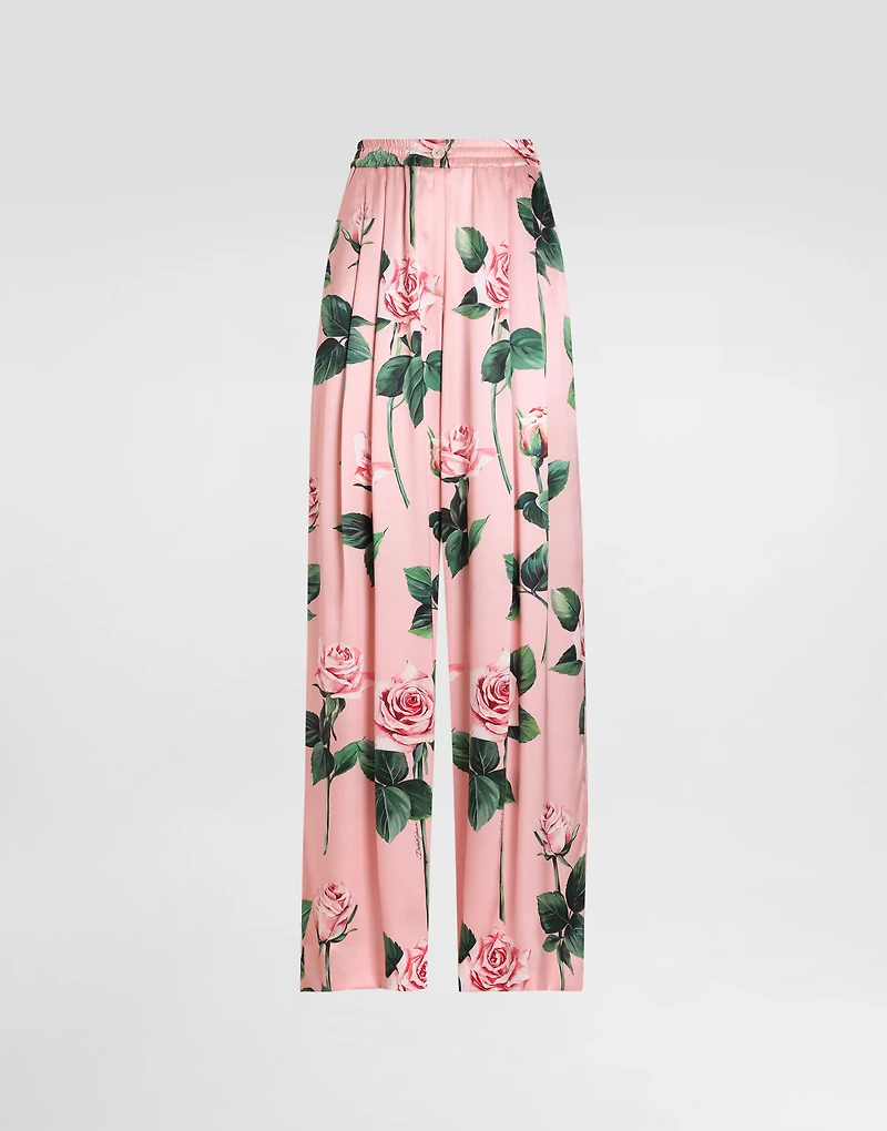 Silk pajama pants with rose print
