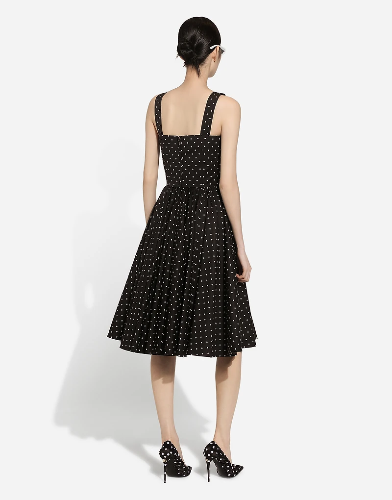 Calf-length cotton dress with polka-dot print