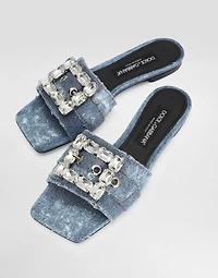 Patchwork denim slides with rhinestone buckle