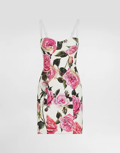 Cotton jacquard corset dress with rose print