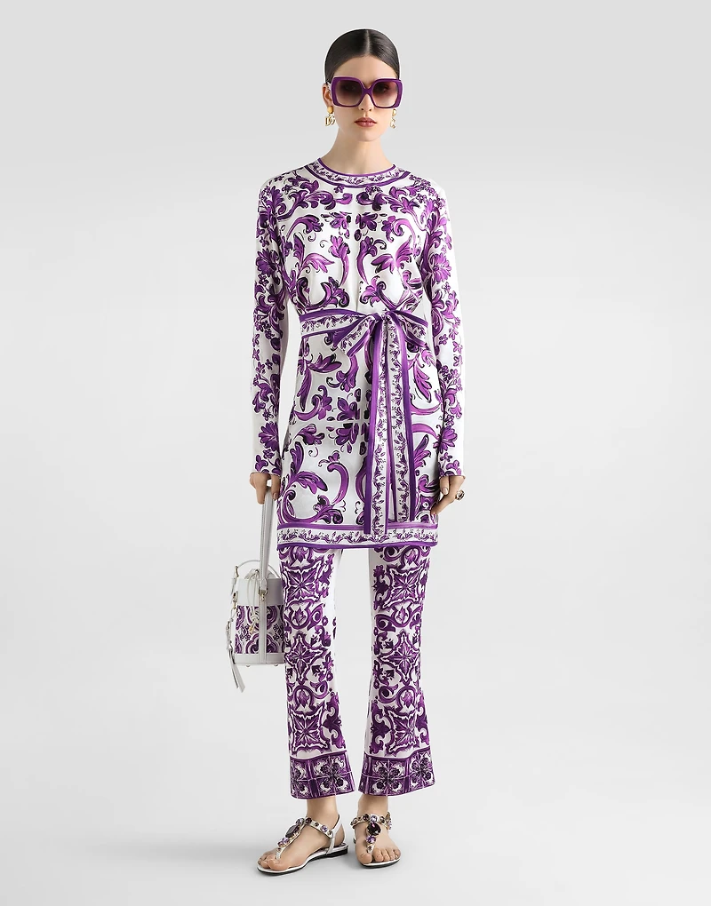 Majolica print silk trousers