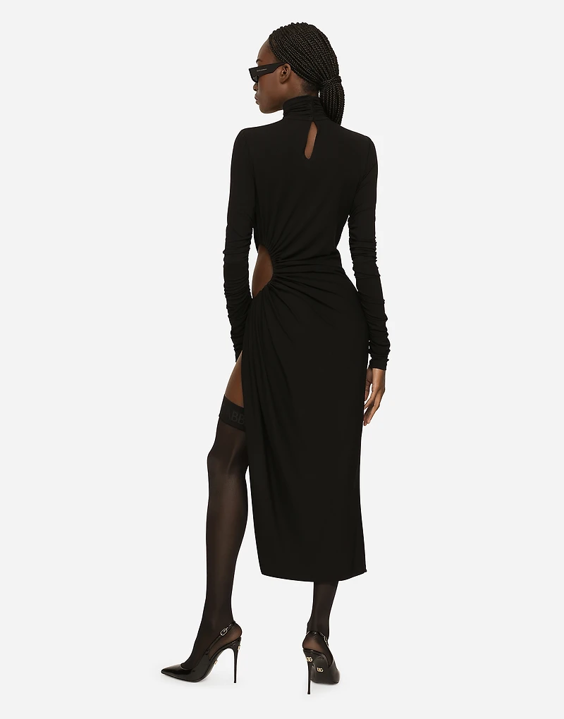 High-necked jersey calf-length dress with cut-out
