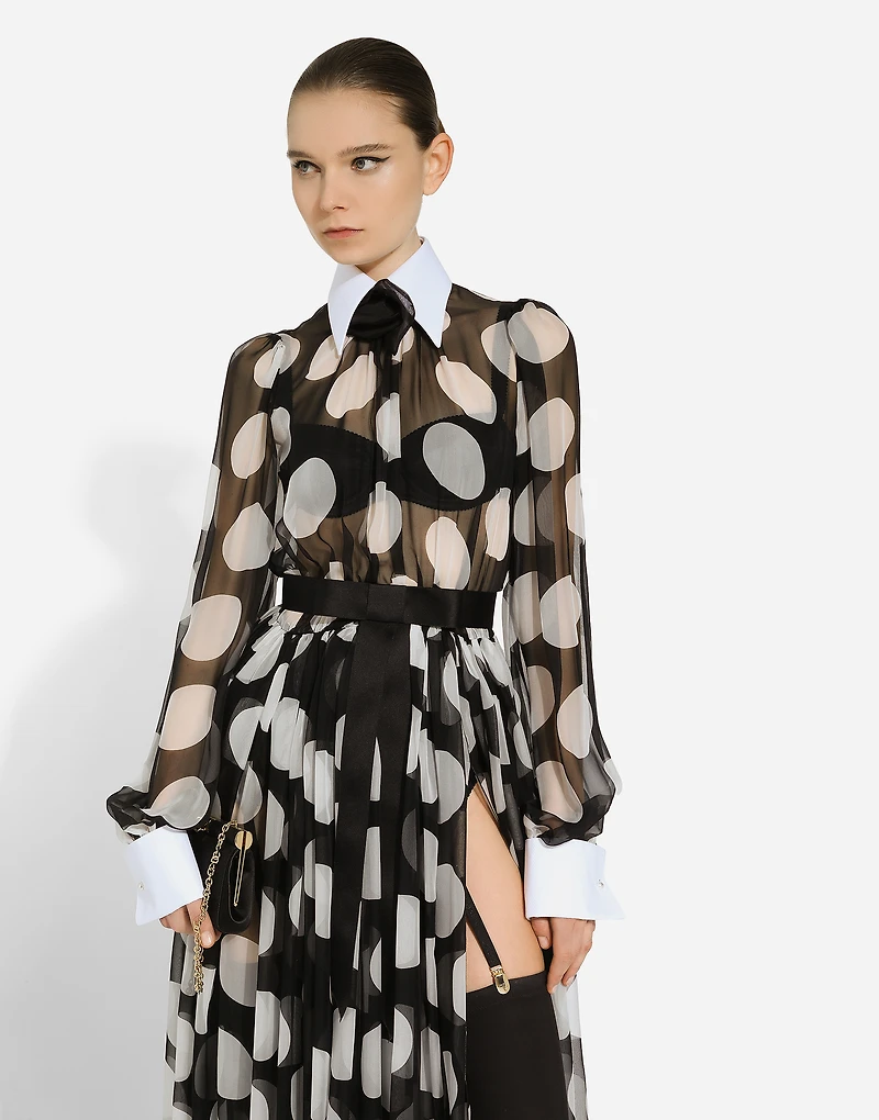 Polka-dot chiffon calf-length dress with piqué details