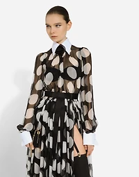 Polka-dot chiffon calf-length dress with piqué details