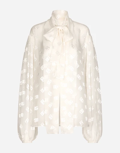 Devoré satin pussy-bow shirt with all-over DG logo