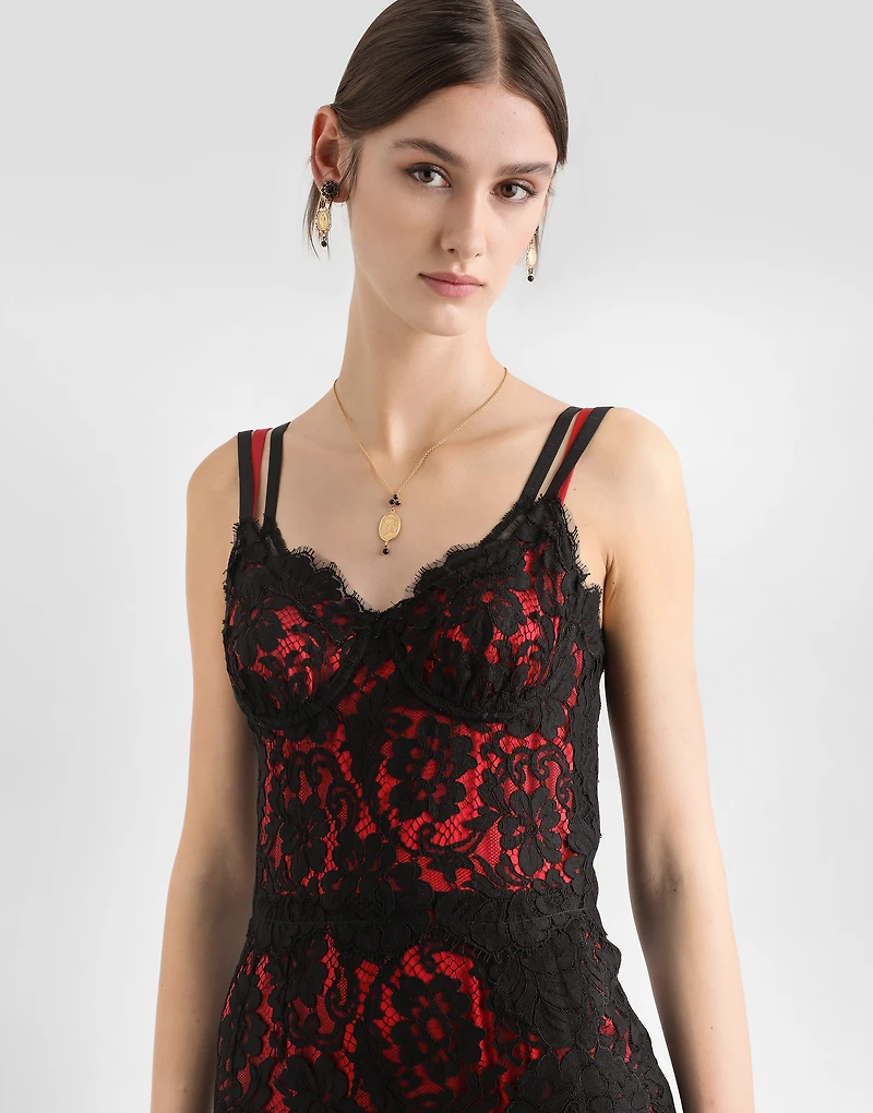 Calf-length floral lace slip dress with contrasting lining