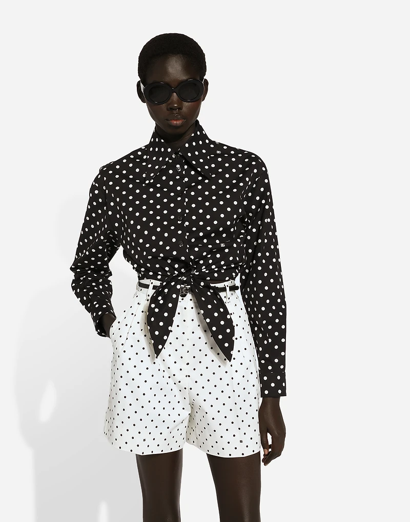 Cropped cotton poplin shirt with knot detail and polka-dot print