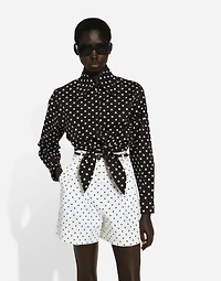 Cropped cotton poplin shirt with knot detail and polka-dot print