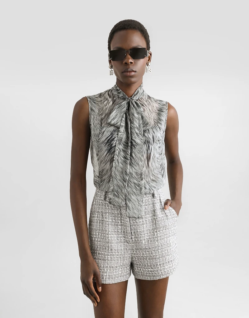 Fur-print chiffon pussy-bow shirt
