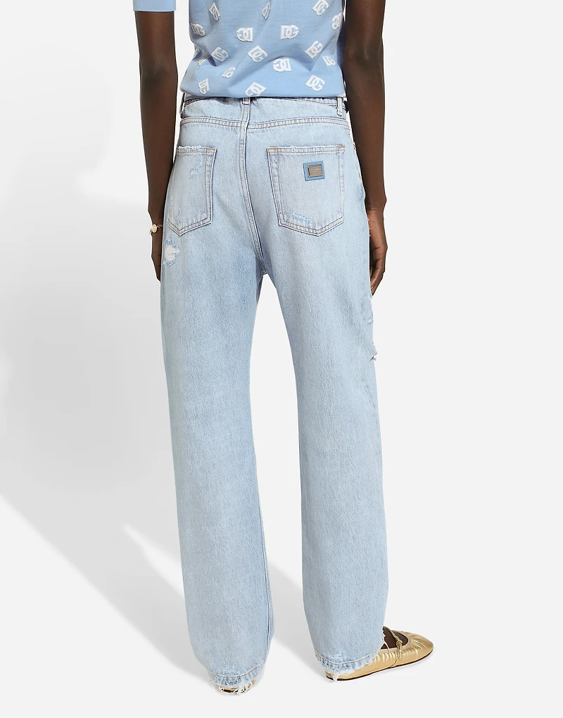 Cotton denim boyfriend jeans with rips