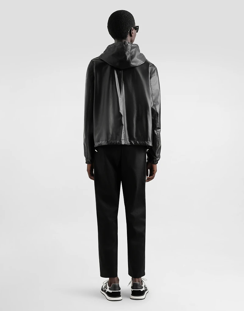 Leather and fabric jacket with reversible hood