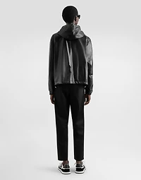 Leather and fabric jacket with reversible hood