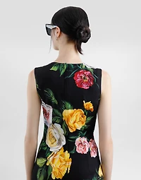 Charmeuse calf-length sheath dress with peony and rose print
