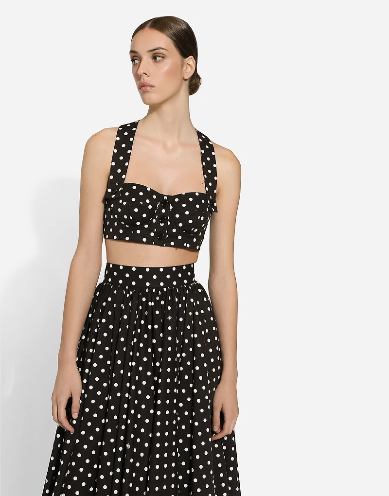 Cotton calf-length circle skirt with polka-dot print