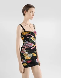 Short tulle dress with draping and peony rose print