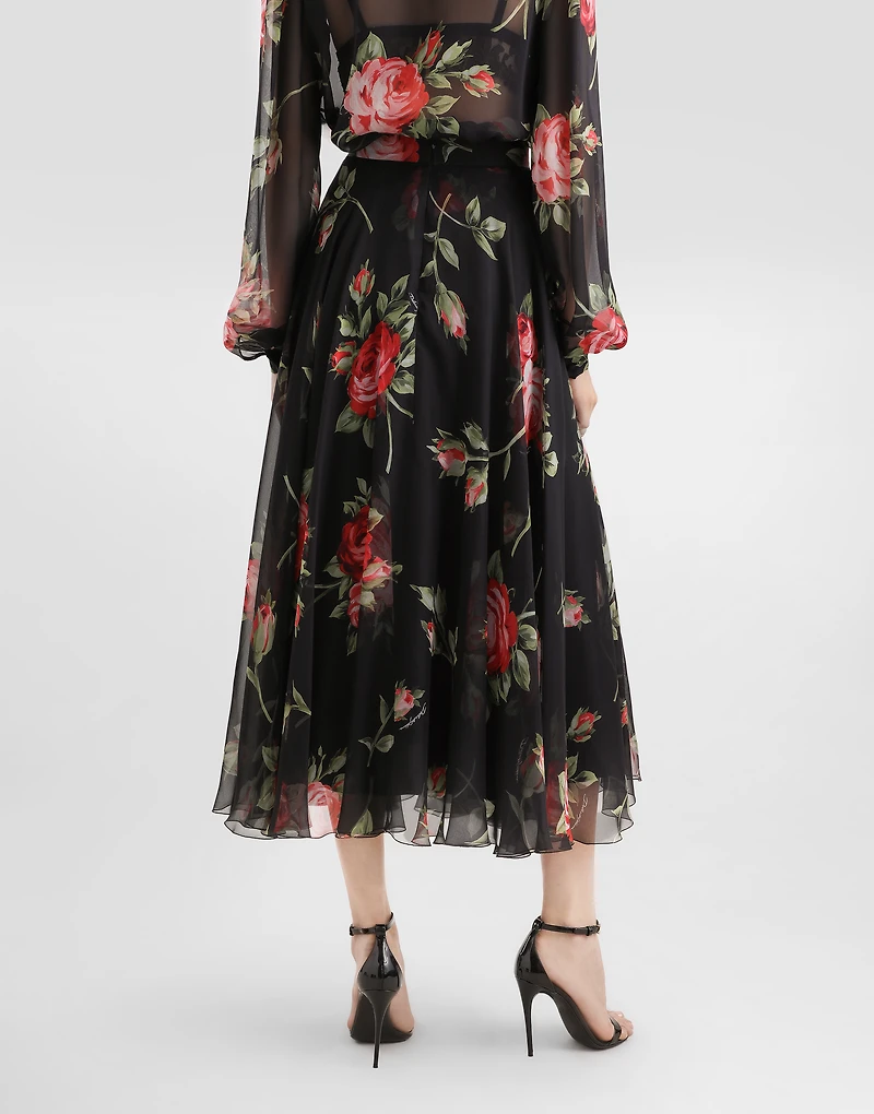 Rose bouquet-print chiffon circle skirt