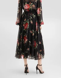 Rose bouquet-print chiffon circle skirt