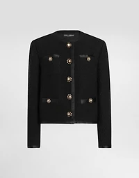 Cropped single-breasted bouclé tweed jacket with bejeweled buttons