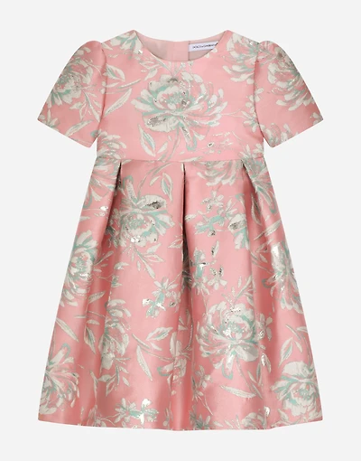 Short-sleeved floral cloque dress