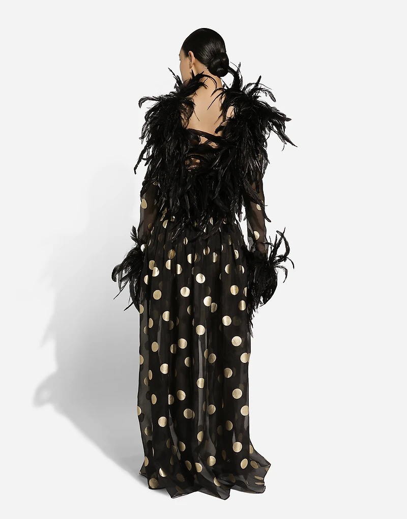 Long polka-dot silk organza dress with feathered details
