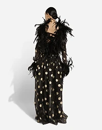 Long polka-dot silk organza dress with feathered details