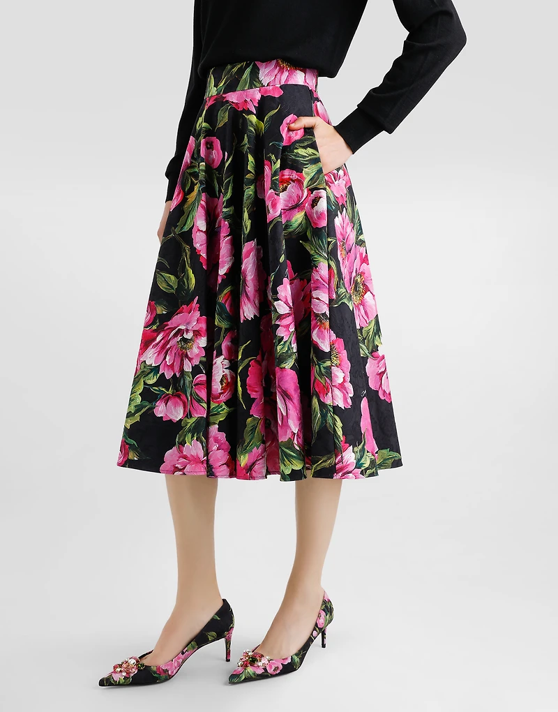 Cotton calf-length circle skirt with peony print