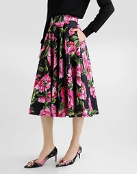 Cotton calf-length circle skirt with peony print