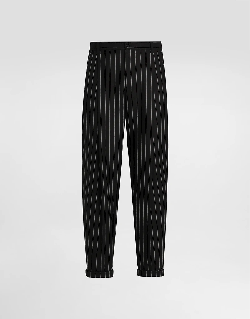 Pinstripe linen-blend pants with double darts