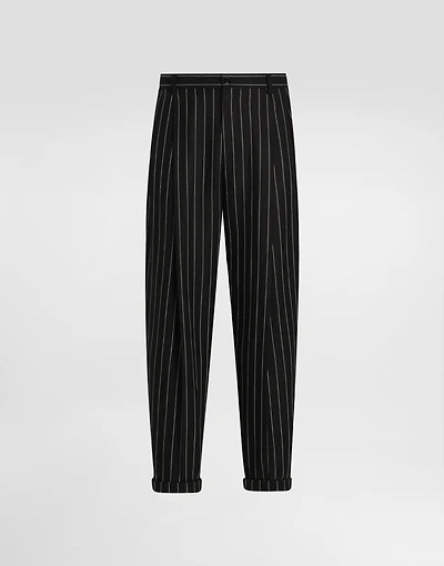 Pinstripe linen-blend pants with double darts