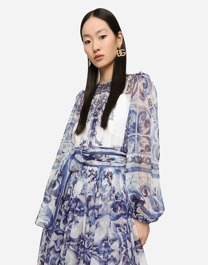 Majolica print chiffon midi dress