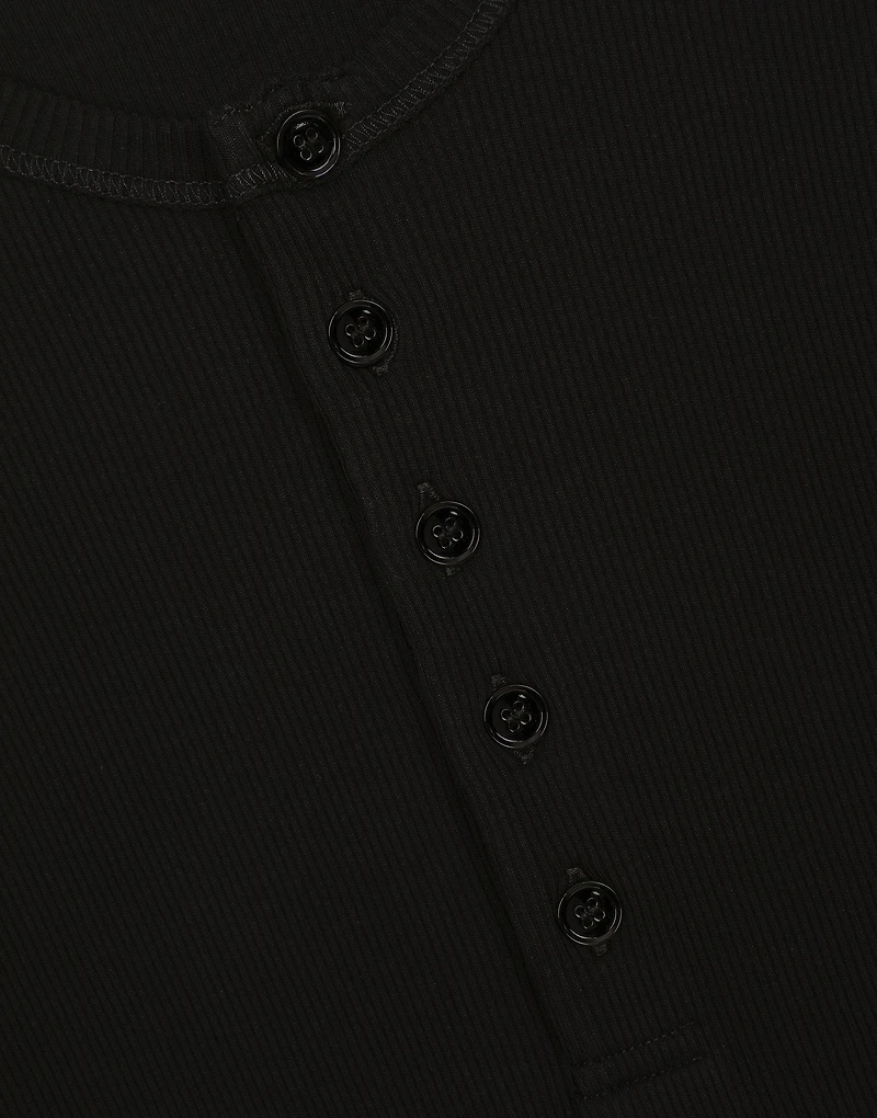 Fine-rib cotton granddad-neck T-shirt