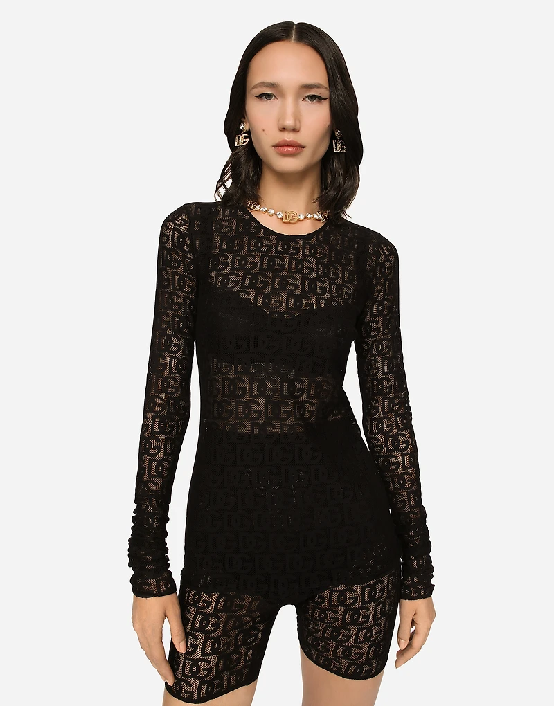 Tulle T-shirt with all-over DG logo