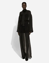 Long silk chiffon dress with polka-dot print, a pussy-bow detail and flower on neck