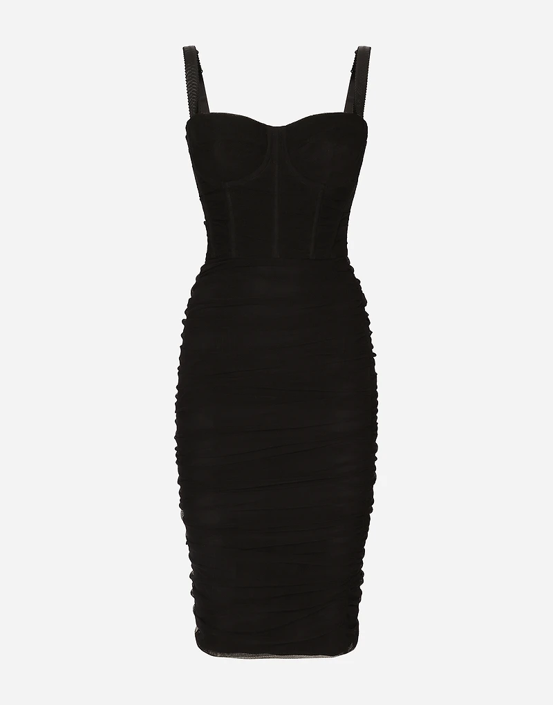 Tulle midi dress with draping and corset