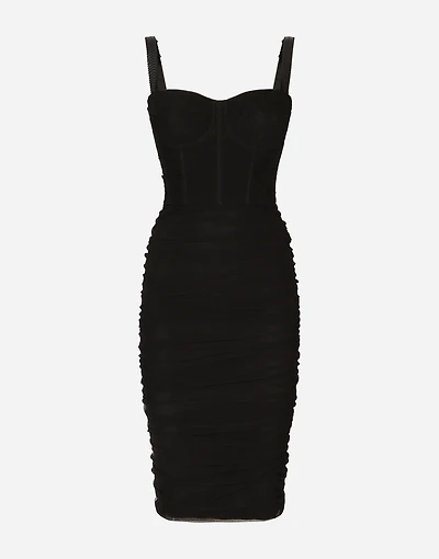 Tulle midi dress with draping and corset