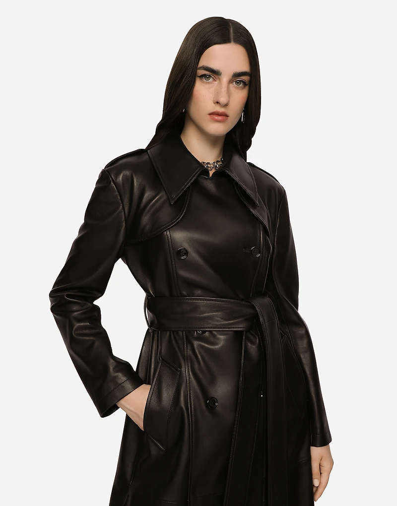 Belted double-breasted leather coat