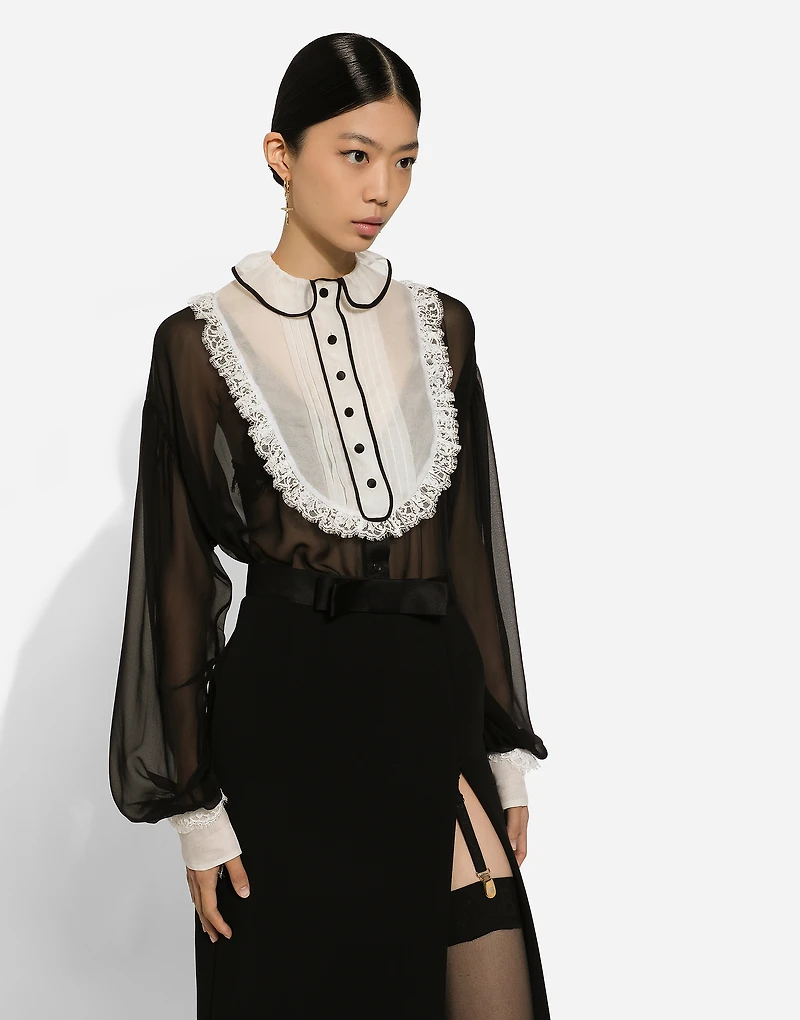 Chiffon shirt with front and organza cuffs